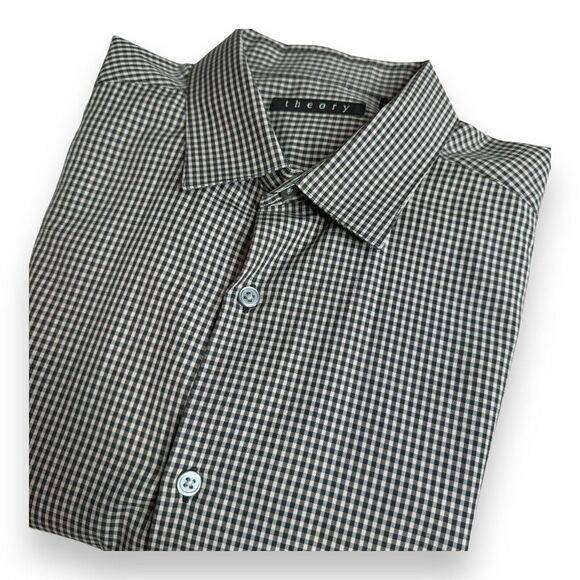 THEORY Mens Button Up Shirt Size L Gingham Check Plaid Long Sleeve Stretch - Picture 1 of 10